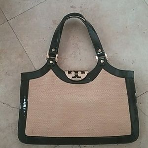 Tory Burch straw and patent leather bag